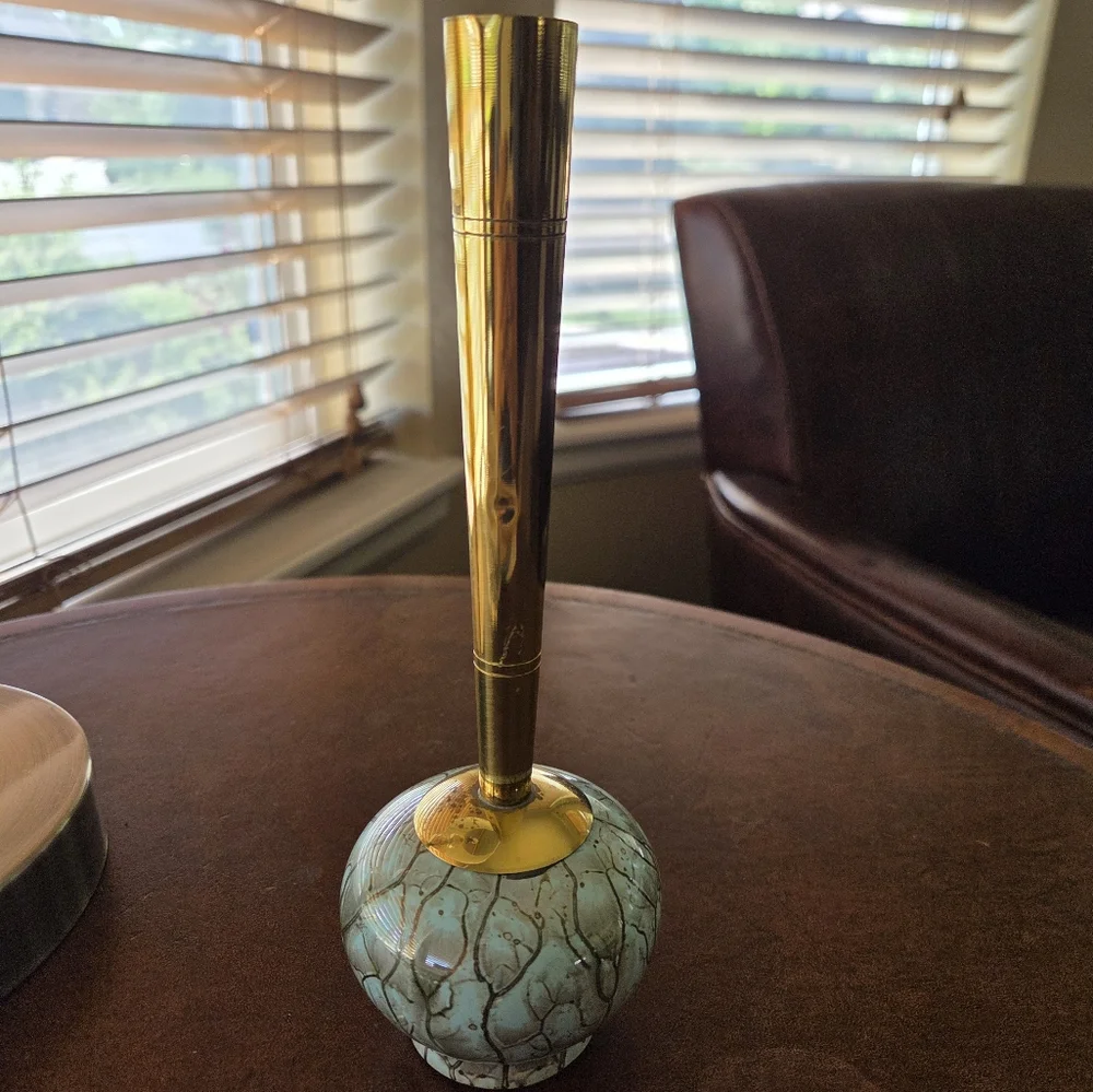 Vintage Delft Blue And Brass Vase. Approximately 8.75